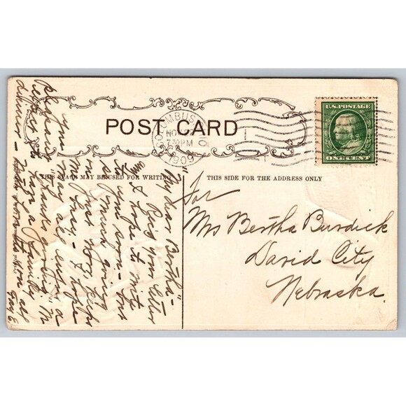 Postcard Thanksgiving Turkey Man with Axe Crescent Moon Embossed Posted 1909 OH - Picture 2 of 2